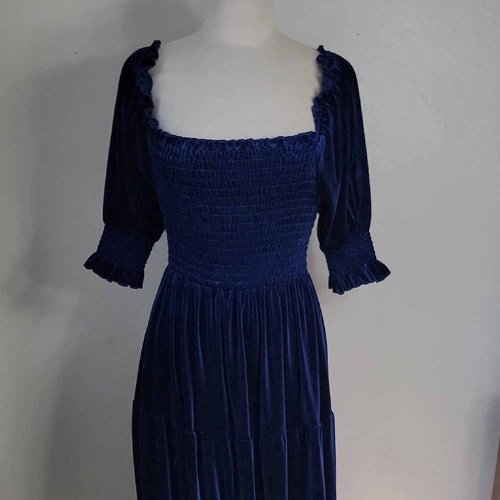 R Vivimos Blue Velvet Smocked Tiered Dress Medium - Picture 3 of 13